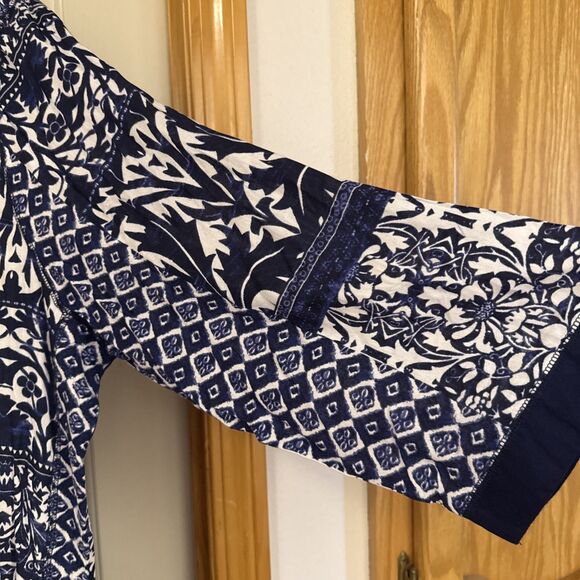 La Cera Womens Boho Patchwork Tunic Top Blue White Button Front NWT - Picture 4 of 4